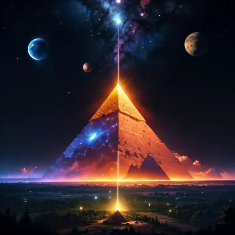 Psychedelic style, space themed album cover art, apocalyptic composition, pyramids, planets in the sky, deep verdant forest, starfall, nebula, colorful luminous particles, devoid of humans  Vibrant colors, swirling patterns, abstract forms, surreal, trippy