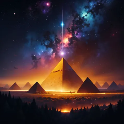 Psychedelic style, space themed album cover art, apocalyptic composition, pyramids, planets in the sky, deep verdant forest, sta...