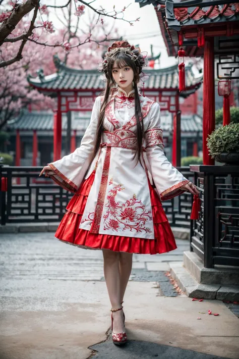 best quality, masterpiece, photorealistic, 1girl, solo, long straight hair, blunt bangs, looking at viewer, full body, hair ornament, cyb dress, chinese clothes, long sleeves, wide sleeves, armband,  red high heels, outdoors, snow, chinese architecture, chinese garden, tree, flower, <lora:add_detail:1>, <lora:cn_style_modern_attire_vol2_style5_v1:0.7>