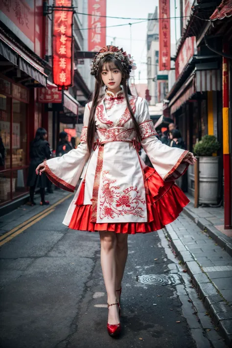 a woman in a red and white dress is walking down a street