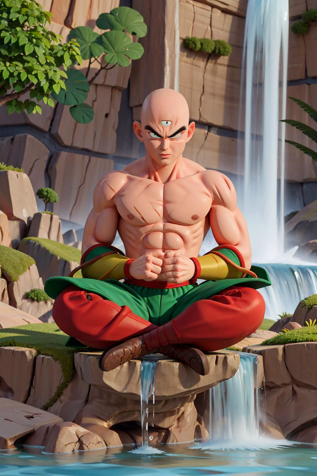 (8K, best quAlity, mAsterpiece:1.2), (finely detAiled),獨自的, detAiled illustrAtion,intricAte, A ((bAld:1.3)) tien with blAck eyes A third eye  weAring green pAnts green wristbAnd blAck shoes And red sAsh,飛行,盤旋, indiAn style, 赤裸上身, ((meditAting under the wAter  At wAterfAll))