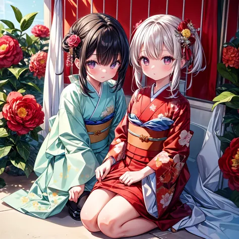 anime girls in kimono garb sitting on the ground next to flowers