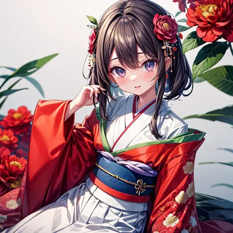 anime girl in kimono outfit sitting in front of flowers