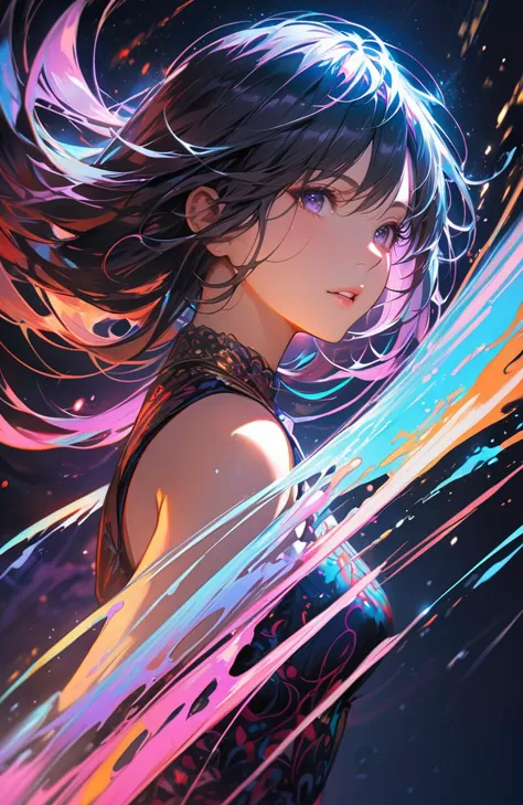 (masterpiece, best quality:1.4),realistic anime style,(long exposure,shining light),dynamic streaks,luminous trails,vibrant colors,fluid movement,captivating patterns,creative experimentation,(1girl),(highest detailed),