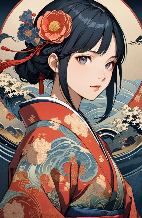 masterpiece,best quality,1girl,(fractal art),Ukiyoe art style,realistic anime art style,