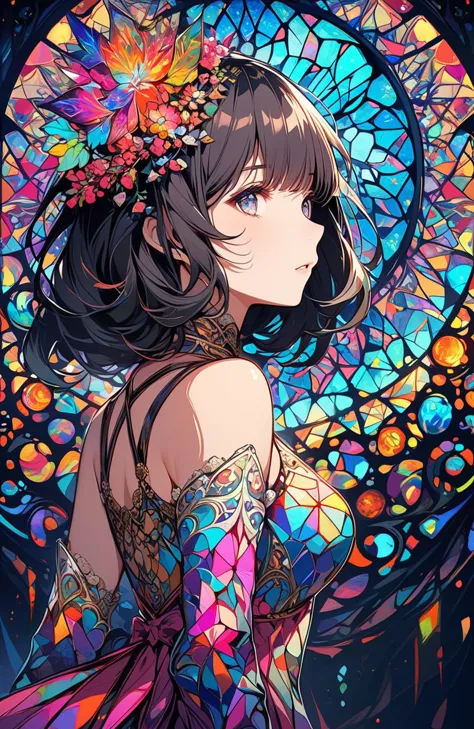 a girl with a flower in her hair and a stained glass background