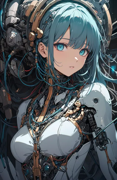 a woman with blue hair and a robot suit on