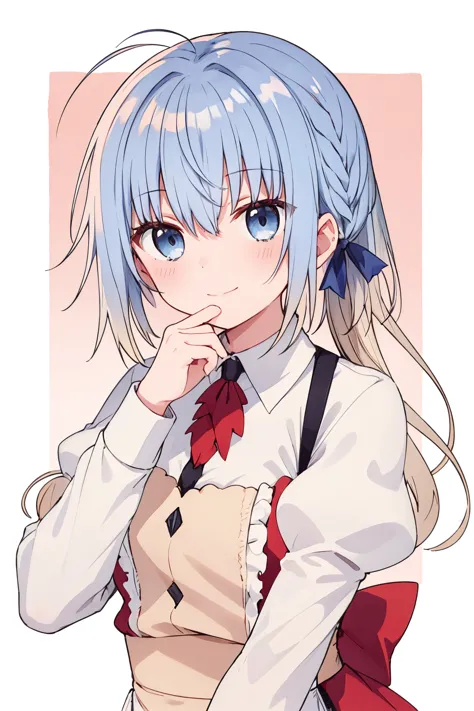 1girl, haiselita aldridge, official art, solo, smile, ahoge, long sleeves, blue eyes, white shirt, eyebrows visible through hair...