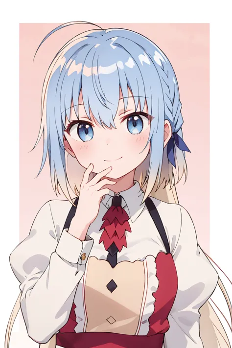 1girl, haiselita aldridge, anime screencap, solo, smile, ahoge, long sleeves, blue eyes, white shirt, eyebrows visible through hair, looking at viewer, upper body, blush, hair between eyes, closed mouth, frills, collared shirt, hair ribbon, blue hair, hand up, blue ribbon, silver hair, red neckwear, braid, floral background, grey eyes, multicolored hair, hand on own chin, center frills, two-tone background, sidelocks, blonde hair, hair bow, gradient hair, neck ribbon, brown background, puffy sleeves, dress, pink background, very long hair, small breasts, white background, ascot, flower, juliet sleeves, rose, hair intakes, blue bow, frilled apron, wing collar, shiny hair, brown apron, shiny, medium breasts, suspenders, hand on own face, head tilt, red ribbon, dress shirt, frilled shirt, two-tone hair, simple background, waitress, finger to own chin, border, outside border, fingernails, white border, light smile, hand to own mouth, hand on own cheek, pink apron, sleeveless dress, white hair, blouse, maid, pinafore dress, gradient background, frilled sleeves, red apron, hair ornament, leaf background, leaf, floating hair, light blue hair, collared dress, portrait 
<lora:haiselita_aldridge_locon_v1:0.9>