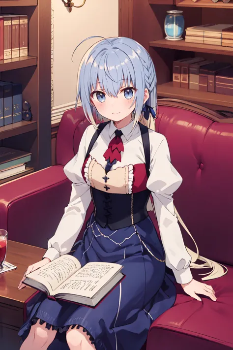 1girl, haiselita aldridge, official art, book, solo, blue eyes, ahoge, sitting, blue hair, blonde hair, bookshelf, looking at viewer, couch, holding book, multicolored hair, eyebrows visible through hair, indoors, blush, very long hair, open book, juliet sleeves, closed mouth, red neckwear, two-tone hair, reading, hair between eyes, ascot, gradient hair, white shirt, smile, wooden floor, light blue hair, watermark, white hair, silver hair, shiny hair, braid, hair ribbon, collared shirt, blue skirt, ponytail, on couch, shiny, black skirt, hair ornament, grey eyes, sidelocks, chair, long skirt, high-waist skirt, blue dress, short hair, small breasts, library, shelf, feet out of frame, wing collar, on floor, corset, buttons, colored inner hair, smile, purple ribbon, purple eyes, underbust, frills, table, suspenders, grey hair, puffy long sleeves, low ponytail, armchair 
<lora:haiselita_aldridge_locon_v1:0.9>