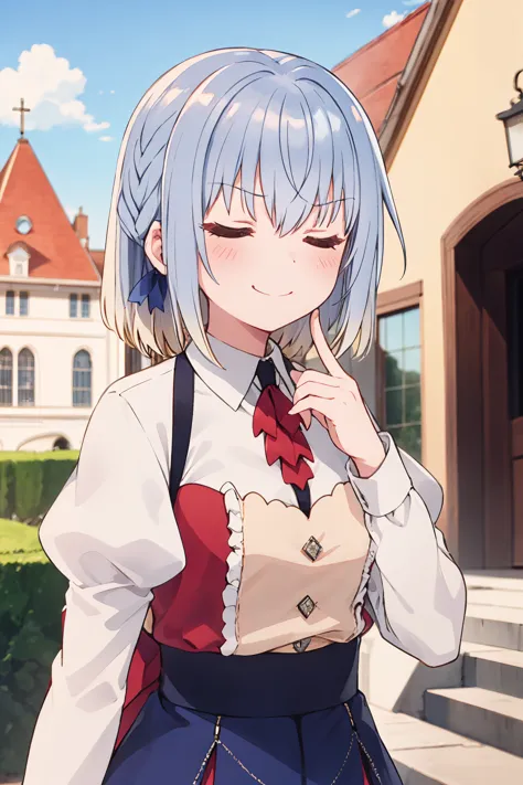 1girl, haiselita aldridge, official art, closed eyes, smile, solo, eyebrows visible through hair, blonde hair, closed mouth, blush, smug, blue hair, day, outdoors, gradient hair, building, blue sky, low ponytail, v-shaped eyebrows, silver hair, doyagao, close-up, hair between eyes, multicolored hair, light blue hair, >:\), long hair, white hair,  facing viewer, hand up, window, upper body, index finger raised, church, sidelocks, medium hair, cloud, c:,  fingernails, shiny hair, house, red bow, grey hair, smirk, mansion, indoors, tower, door, braid, ^ ^,  eyebrows, neck ribbon, ascot, frilled dress, blue dress, white shirt, white blouse, collared shirt, wing collar, dress shirt, buttons, red neckwear, juliet sleeves, puffy long sleeves, frilled skirt, red bow, red ribbon, black skirt, blue skirt, high-waist skirt, suspender skirt
<lora:haiselita_aldridge_locon_v1:0.9>