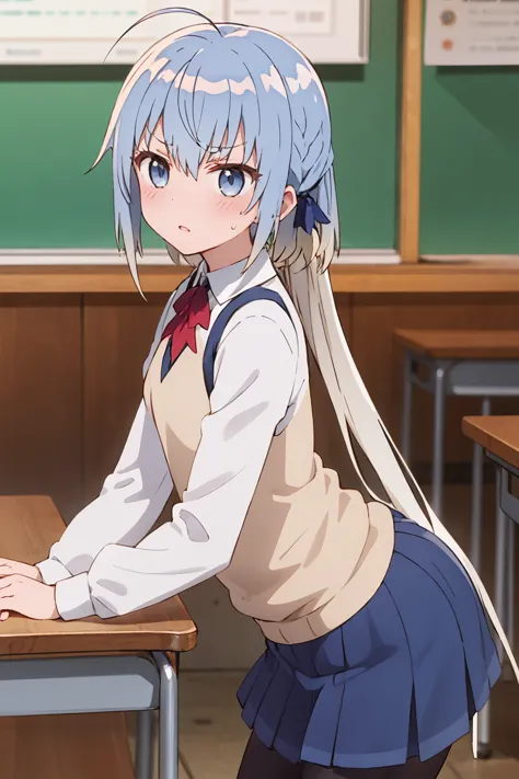 1girl, haiselita aldridge, anime screencap, solo, pantyhose, black legwear, blue eyes, blonde hair, blush, ahoge, pleated skirt, looking at viewer, blue skirt, plaid skirt, very long hair, multicolored hair, school uniform, long sleeves, sweater vest, white shirt, eyebrows visible through hair, hair between eyes, blue hair, leaning forward, looking back, closed mouth, sweatdrop, sweat, hair ribbon, low twintails, silver hair, collared shirt, hair bow, standing, two-tone hair, gradient hair, from behind, cowboy shot, miniskirt, from side, v-shaped eyebrows, grey eyes, black ribbon, sidelocks, black bow, looking to the side, hand on own thigh, low ponytail, bent over, grey vest, blue neckwear, blue bow, bowtie, ass, grey skirt, neck ribbon, uniform, black neckwear, frown, colored inner hair, blue ribbon, hands on own thighs, small breasts, hair ornament, feet out of frame, dress shirt, grey hair, ponytail, parted lips, embarrassed, wing collar, thighs, contemporary, hand on thigh, eyebrows, looking down, eyes visible through hair, furrowed brow, classroom, shiny hair, grey sweater
<lora:haiselita_aldridge_locon_v1:0.9>