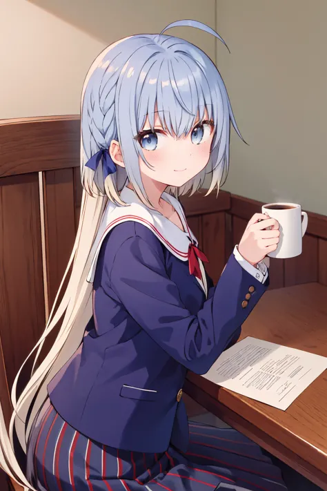 1girl, haiselita aldridge, official art, solo, blue eyes, looking at viewer, sitting, blue hair, eyebrows visible through hair, table, chair, multicolored hair, hair between eyes, very long hair, silver hair, saucer, closed mouth, brown skirt, blue jacket, neck ribbon, red ribbon, vertical-striped skirt, gradient hair, desk, red neckwear, from side, looking to the side, collared jacket, on chair, two-tone hair, paper, blonde hair, book, striped skirt, sidelocks, indoors, smile, blush, pleated skirt, holding paper, bow, hands up, long skirt, plate, mug, puffy long sleeves, holding book, white hair, coffee, colored inner hair, small breasts, elbows on table, wooden table, holding cup, white sailor collar, antenna hair, grey eyes, grey hair, wallpaper \(object\), blouse, fingernails, coffee mug, shiny hair, eyes visible through hair, light blue hair 
<lora:haiselita_aldridge_locon_v1:0.9>