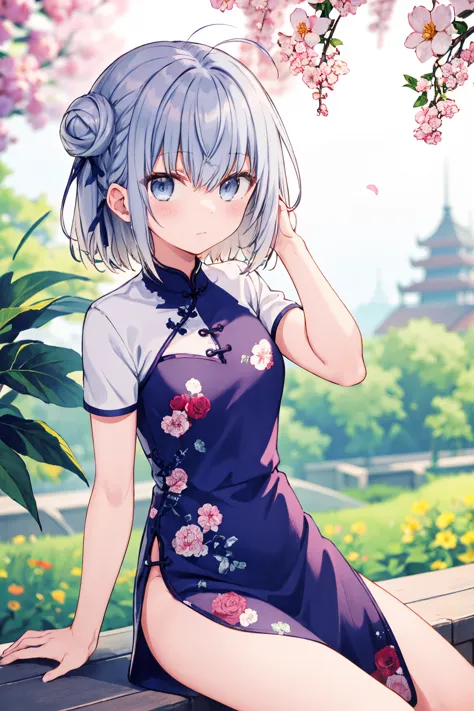 1girl, haiselita aldridge, official art, solo, chinese clothes, china dress, hair flower, ahoge, looking at viewer, short sleeve...