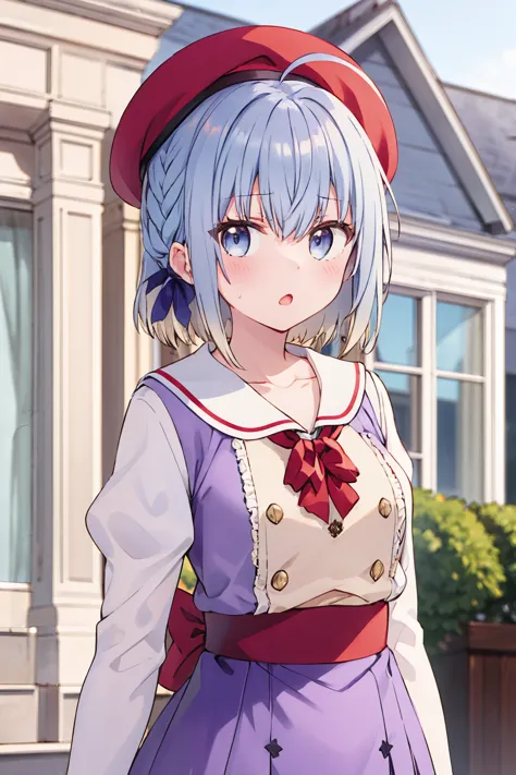 1girl, haiselita aldridge, official art, solo, blue hair, beret, blue eyes, looking at viewer, ahoge, blush, eyebrows visible through hair, open mouth, collarbone, sweatdrop, short hair, light blue hair, (red headwear:1.4), sweat, parted lips, hair ribbon, hair between eyes, multicolored hair, gradient hair, :o, blonde hair, cowboy shot, red bow, (purple dress:1.4),  puffy long sleeves, purple neckwear, standing, purple skirt, medium hair, silver hair, buttons, sailor dress, sidelocks, double-breasted, shiny, blue ribbon, shiny hair, tilted headwear, hair bow, side braid, sash, red bowtie, black ribbon, white sailor collar, purple ribbon, arms at sides, purple shirt, two-tone hair, hair ornament, long hair, blue bow, pleated dress, upper body, belt, sleeve cuffs, light blush, french braid, collared dress, outdoors, house, building, window
<lora:haiselita_aldridge_locon_v1:0.9>