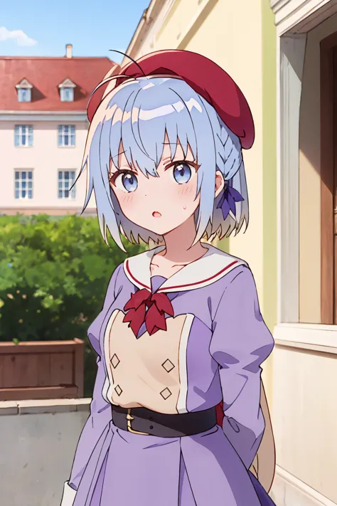 1girl, haiselita aldridge, anime screencap, solo, blue hair, beret, blue eyes, looking at viewer, ahoge, blush, eyebrows visible through hair, open mouth, collarbone, sweatdrop, short hair, light blue hair, (red headwear:1.4), sweat, parted lips, hair ribbon, hair between eyes, multicolored hair, gradient hair, :o, blonde hair, cowboy shot, red bow, (purple dress:1.4),  puffy long sleeves, purple neckwear, standing, purple skirt, medium hair, silver hair, buttons, sailor dress, sidelocks, double-breasted, shiny, blue ribbon, shiny hair, tilted headwear, hair bow, side braid, sash, red bowtie, black ribbon, white sailor collar, purple ribbon, arms at sides, purple shirt, two-tone hair, hair ornament, long hair, blue bow, pleated dress, upper body, belt, sleeve cuffs, light blush, french braid, collared dress, outdoors, house, building, window
<lora:haiselita_aldridge_locon_v1:0.9>