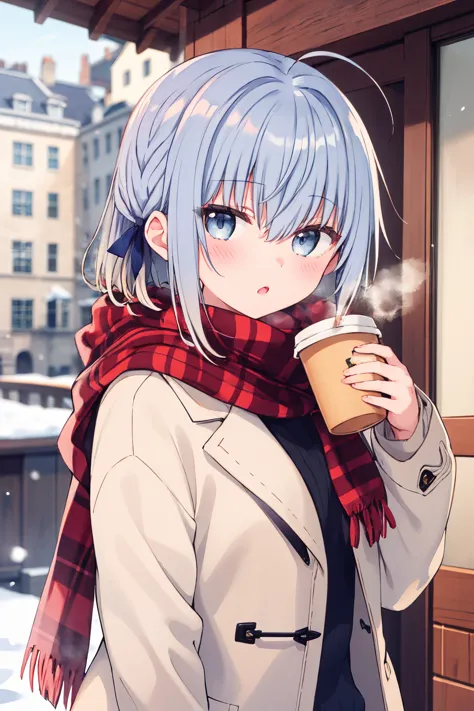 1girl, haiselita aldridge, official art, solo, cup, disposable cup, silver hair, eyebrows visible through hair, holding cup, foo...