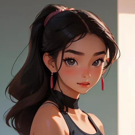 sports bra, sexy, beautiful, cute, diamond earrings with no dangles, girl, SHSID-1925, photorealistic, real, best quality, 8k, teenager, portrait,  asian teenage, beautiful, cute, bronze color skin, extremely beautiful, looking in front, black hair, smiling, portrait