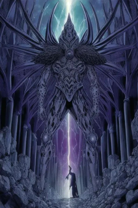 illustration,
humanoid monster,
tall slender figure,
helmet with pointed edges,
empty eye sockets,
fantasy armor,
dark armor,
light gray color,
clawed gloves,
energy body,
purple aura,
black light-blue colors,
standing,
looking at viewer,
background ruins,
dynamic light, ultra detail,
extremely detailed CG, full detail, 
8k best quality, realistic, 8k, 
micro intricate, masterpiece,
by Kentaro Miura