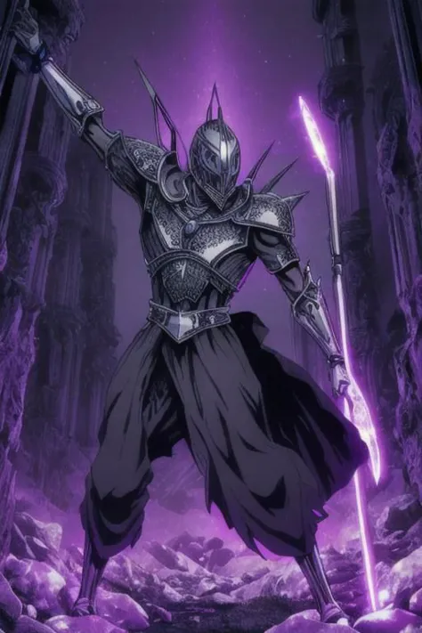 illustration,
humanoid monster,
tall slender figure,
helmet with pointed edges,
empty eye sockets,
fantasy armor,
dark armor,
li...