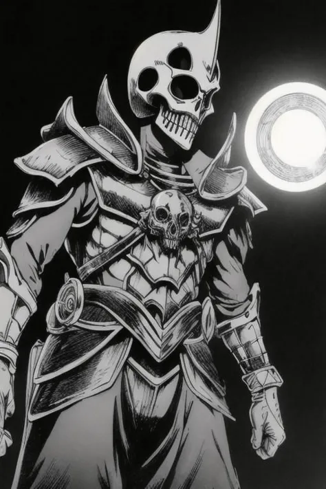 illustration,
humanoid monster,
skull helmet,
empty eye sockets,
fantasy armor,
ghoul armor,
light gray color,
clawed gloves,
en...