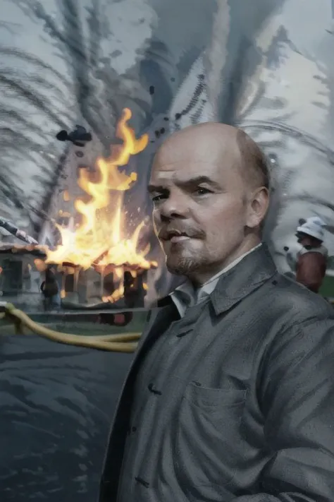 (Vladimir Lenin), (((IncrsDisasterGirlMeme))), (fire, smile, outdoors ) ,  Highly detailed, High Quality, Masterpiece, beautiful...