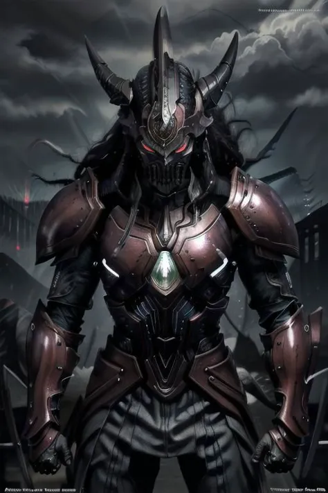 androgynous, monster,
dark skin, athletic,
demonic helmet,
red shining eye, empty eye sockets,
dreads, dark hair, twintails,
fingerless gloves, claws,
gauntlets, prostetic legs,
mechanical limbs,
combat robe, tight torso's clothe,
baggy pants, armor skirt,
leg wear, black boots,
looking at viewer,
purple energy,
red white blue colors,
battlefield on background,
dynamic light, 
ultra detail,
extremely detailed CG, 
micro intricate, 
highly detailed skin,
highly detailed face, 
highly detailed pupils, 
highly detailed iris, 
RAW photo, 
best quality, 
high resolution,
((masterpiece)),
realistic,
sharp focus, 
HDR, 8K resolution,
intricate detail, 
sophisticated detail, 
hyper detailed,
(depth of field), 
highlight and shadow,
volumetric lighting,
highly detailed background,
by Kentaro Miura:1.1,
comicbookpencils:0.9,
greyscale(line art:1.1)