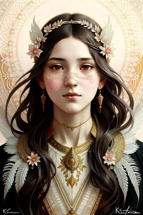 retrato de una niña rodeada de delicadas plumas, rostro, Intrincado, elegant, muy detallado, pintura digital, estación de arte, Arte conceptual, Liso, enfoque nítido, ilustración, arte de Krenz Cushart y Artem Demura y alphonse mucha