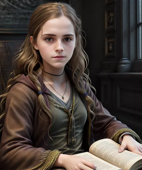 (1 girl) portrait of Emma Watson as Hermione Granger sitting next to a window reading a book, other hand not seeing, wearing black and red Hogwarts school robes, focused expression, golden hour, art by Kenne Gregoire, trending on artstation, (skin defect: 0,7) (freckled face: 0,7)  (Birthmark: 0,3) (greasy hair: 0,7)  (clothes wrinkling: 0,5) (body scrub: 0,4)  (perfect eyes: 1,0) (eyes size: 1,0)  (lipsticked mouth: 1,5)  (boobs size big) (age 25)  (hair color Brown) (long hair minimum) (make up minimum)  (face skinny)  (realistic fingers) (little nose) (NO TEXT)  (attentive facial expression) (Fog: 1,1) (HEAVY RAINING)  (left and right hands five fingers) , (studio quality:1.1), (8k uhd:1.1), (ultra realistic:1.1), (photography:1.1), (photorealism:1.1), (realistic:1.1), (detailed:1.1), (massive scale:1.1), (max detail:1.1), (soft lighting:1.1), (studio lighting:1.1), (photoshop:1.1), (portrait:1.1)