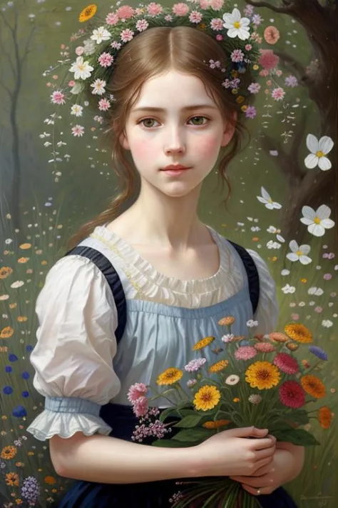 A portrait of a girl surrounded by delicate flowers, full face, intricate, realistic eyes, zoom out, elegant, highly detailed, digital painting, arts station, concept art, soft, sharp focus, illustration, art by Albrecht Anker and Alyssa Monks and Anders Zorn and Annie Swynnerton