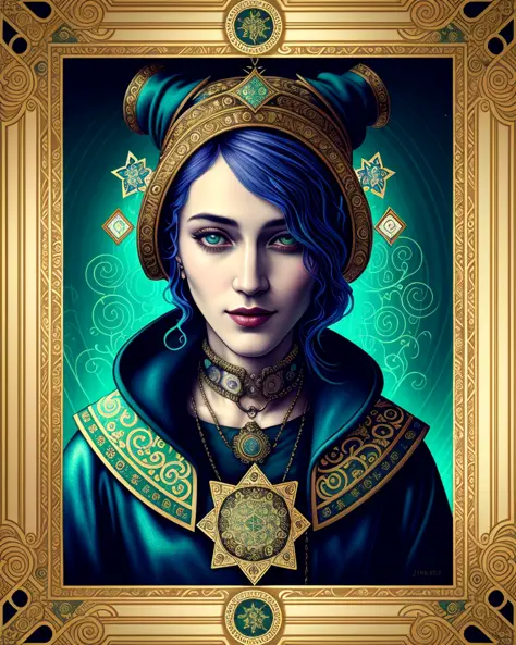 tarot card with intricate detailed frame around the outside |portrait of cyberpunk head with jester hat| cyberpunk | styled in A...