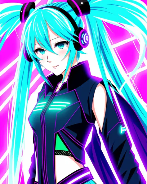 hatsunemiku, cyberpunk, neon, younger