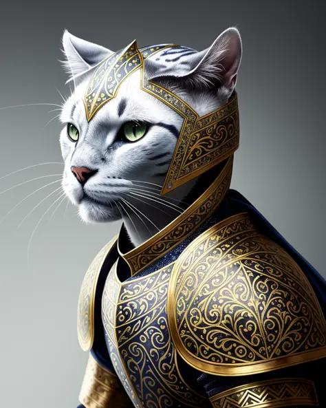 highest quality kneeling cat knight, portrait, finely detailed armor, intricate design, silver, silk, cinematic lighting, ultra sharp, smooth sharp focus, highly detailed, artstation hq, trending on artforum, behance hd, on display, Burlington Magazine