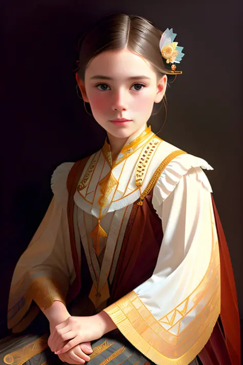 portrait of a american girl 14 yo surrounded by delicate feathers, face, intricate, elegant, highly detailed, digital painting, artstation, concept art, smooth, sharp focus, illustration, art by Krenz Cushart and Artem Demura and alphonse mucha