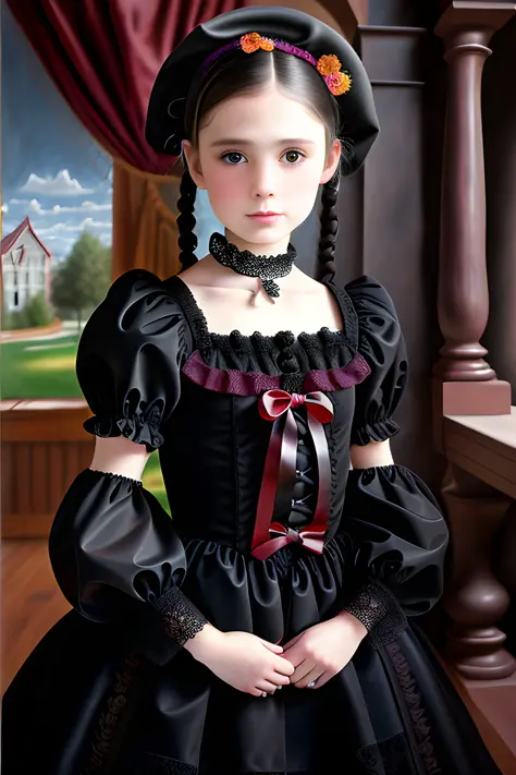 garota gótica americana de 14 anos pintura barroca com flores pretas no fundo hiper realista etérea linda