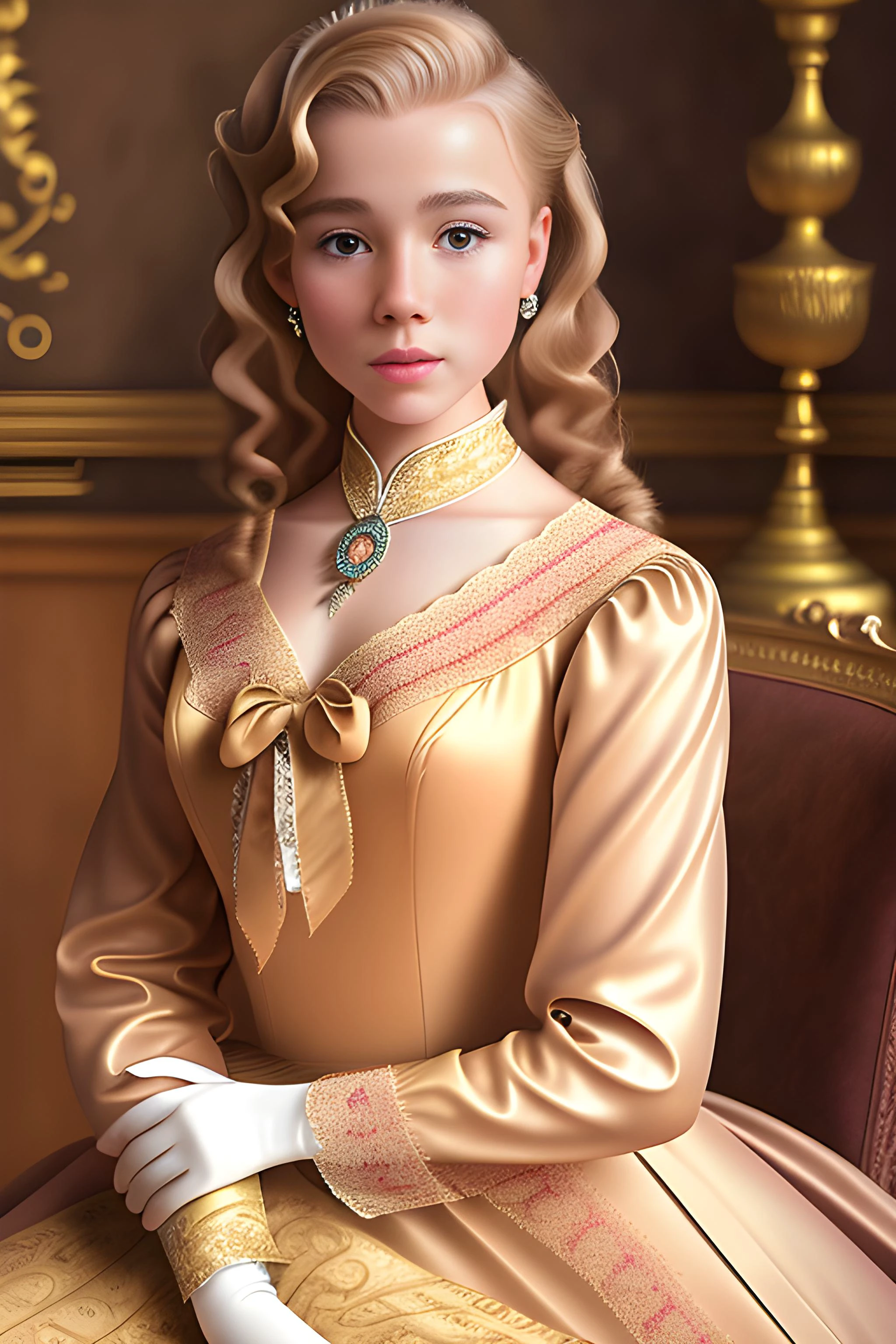 1950 年代の美しい高級アメリカ人貴族の少女の詳細なリアルな肖像画。カールした赤褐色の長いブロンドの髪を持ち、貴族の家のフォーマルな部屋に座っている。, 受賞歴のあるCGI