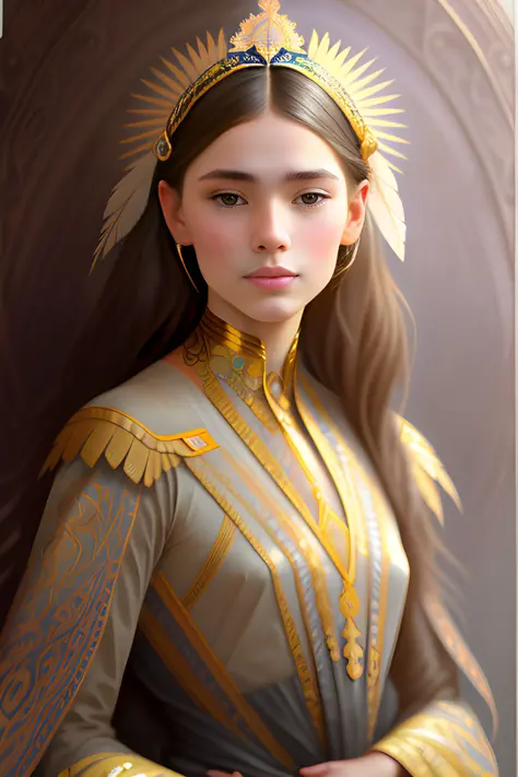 portrait of a american girl surrounded by delicate feathers, face, intricate, elegant, highly detailed, digital painting, artsta...