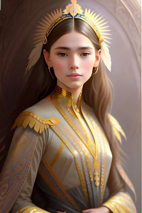 Retrato de uma menina americana cercada por penas delicadas, Face, Intrincado, elegante, Altamente detalhado, pintura digital, estação de arte, arte conceitual, suave, foco nitído, ilustração, arte de Krenz Cushart e Artem Demura e Alphonse Mucha