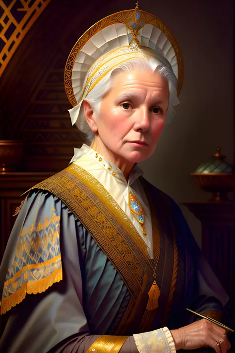 Porträt einer amerikanischen Oma alte Frau umgeben von zarten Federn, Gesicht, kompliziert, elegant, sehr detailliert, digitale Zeichnung, artstation, Konzeptkunst, glatt, scharfer Fokus, Illustration, Kunst von Krenz Cushart und Artem Demura und Alphonse Mucha