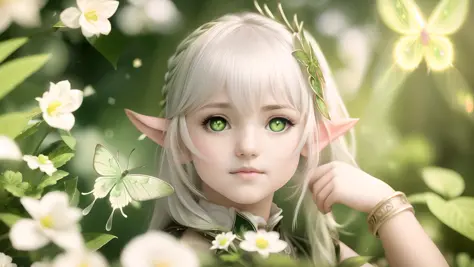 innocent child 12 year old, ((elven ears)), (SWF: 1.5) with green eyes and white hair holding a green leaf in front of her face ...