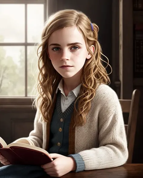 (1 名女孩) 肖像 of Emma Watson as Hermione Granger sitting next to a window reading a book, 另一方面没有看到, 穿着黑色和红色的霍格沃茨校袍, 集中表达, 黄金时段, 肯尼·格雷瓜尔的艺术作品, artstation 上的热门, (皮肤缺损: 0,7) (雀斑脸: 0,7) (胎记: 0,3) (油性发质: 0,7) (衣服起皱: 0,5) (身体磨砂: 0,4) (完美的眼睛: 1,0) (眼睛大小: 1,0) (涂了口红的嘴: 1,5) (胸部很大) (年龄 25) (头发颜色 棕色) (长发最低) (最低化妆) (脸瘦) (实际的 fingers) (小鼻子) (无文字) (专注的面部表情) (多雾路段: 1,1) (大雨) (左手和右手五个手指) , (工作室品质:1.1), (8K 超高清:1.1), (ultra 实际的:1.1), (摄影:1.1), (照相写实主义:1.1), (实际的:1.1), (详细的:1.1), (大规模:1.1), (最大细节:1.1), (柔和的灯光:1.1), (工作室灯光:1.1), (Photoshop:1.1), (肖像:1.1)