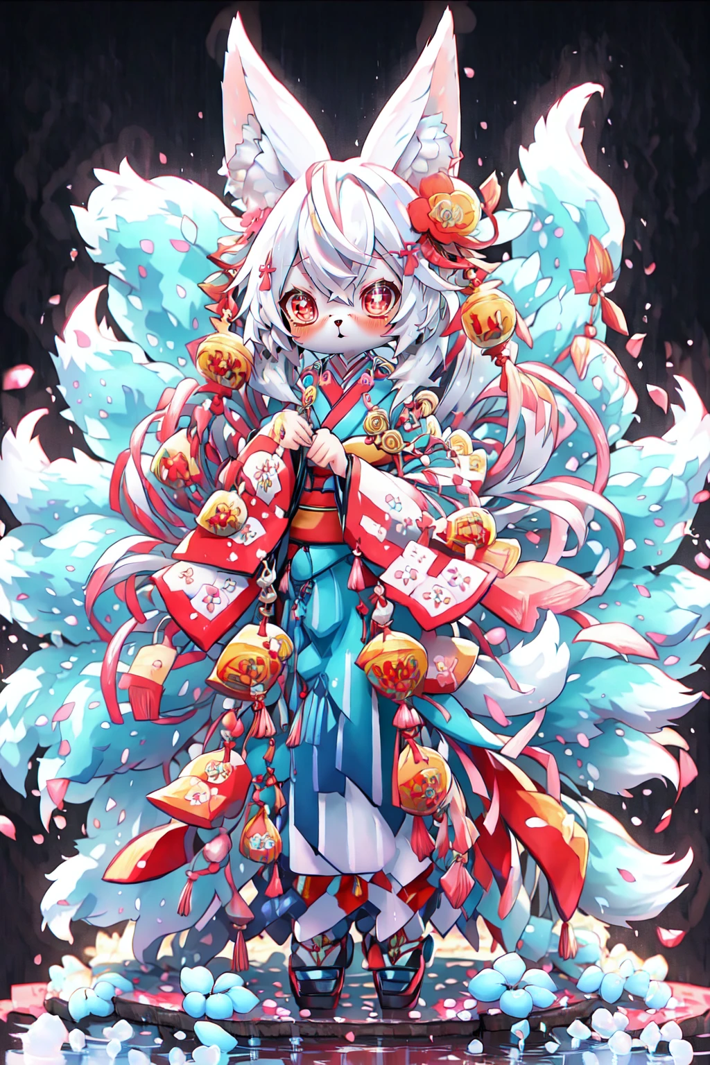 Kawaii Figurines Style, tail, kimono, hair flower, furry, red eyes, fox girl, standing, pink eyes, very long hair, full body, solo, pink footwear, japanese clothes, blush, flower, 1girl, white hair, looking at viewer, black background, furry female, hair ornament, fox tail, multiple tails, long hair, fox ears, animal ears