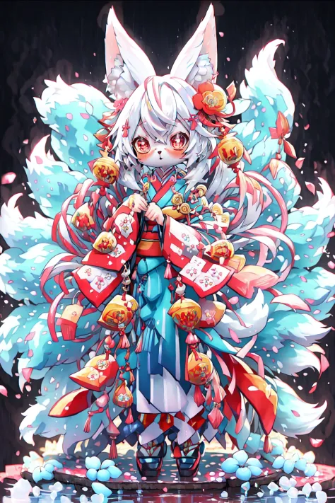 <lora:3DKawaii:1> Kawaii Figurines Style, tail, kimono, hair flower, furry, red eyes, fox girl, standing, pink eyes, very long h...