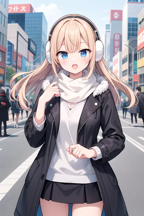 anime girl with headphones on walking down the street