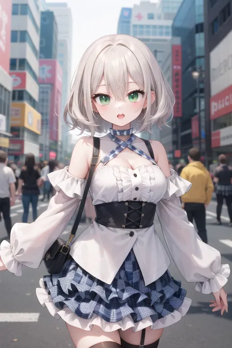 anime girl in a short skirt and blouse walking down a street