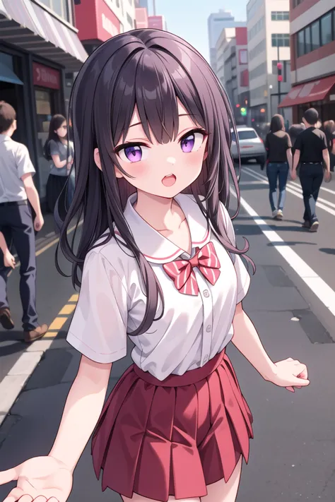 anime girl in a short skirt and white shirt walking down a street