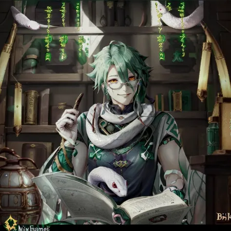 anime character with green hair sitting in a chair reading a book