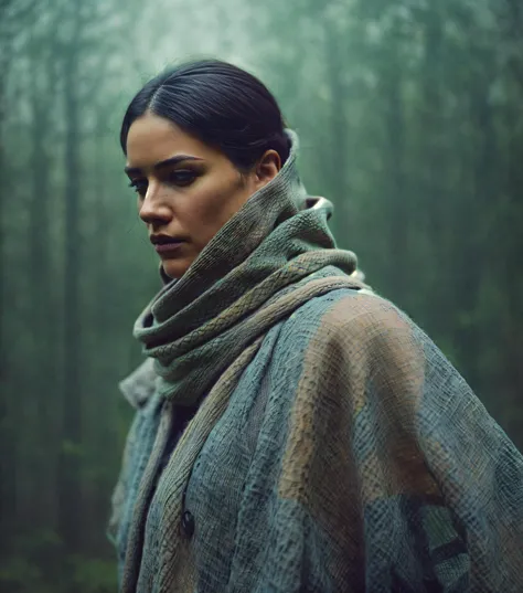 a woman in a green scarf standing in a forest