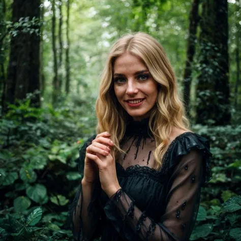 arafed woman in a black dress standing in a forest