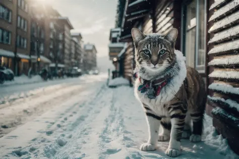 there is a cat standing on the snow outside of a building